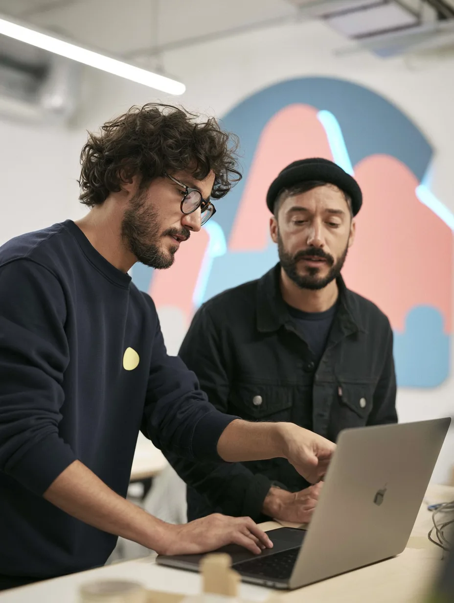 Two developers working through a problem together at a laptop