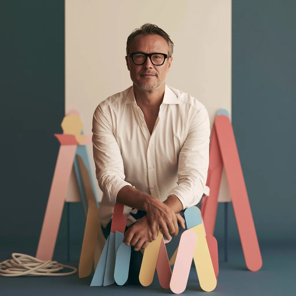 A developer holding a set of flat shapes arranged as a plan, in front of a studio backdrop