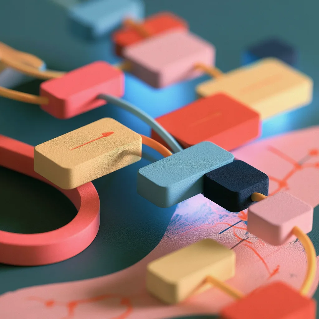 A system map of connected blocks and routed cables, drawn as a three-dimensional diagram