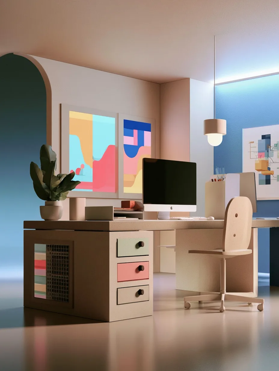 A quiet office with a wall-mounted dashboard display and a single desk
